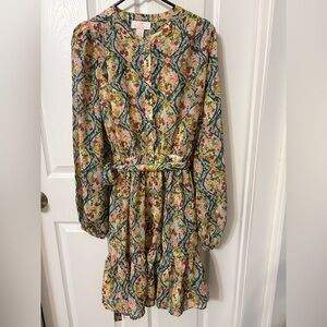 Rachel Parcell Floral Tiered Long-Sleeve Dress in Cream, Green, Pink